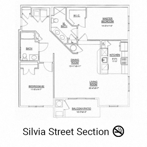 Floor plan for 2 beds, 2 baths, 1288 sqft
